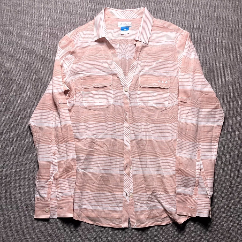 Columbia PFG Shirt Womens Medium Pink White Striped Button Up Outdoor Casual